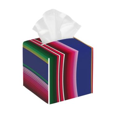 Imagem de Capa quadrada de couro para caixa de lenços de papel, à prova d'água, listras arco-íris, organizador de papel facial colorido com cinto inferior, estojo de lenços para mesa, banheiro, escritório, mesa