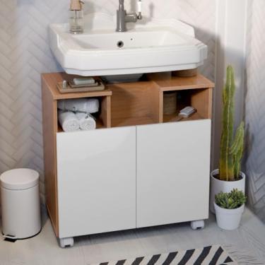 Imagem de Gabinete para Pia de Banheiro com 2 Portas e Rodízios – Armário Encaixe Prático para Lavabo, Organização Fácil e Mobilidade(Branco Canela)
