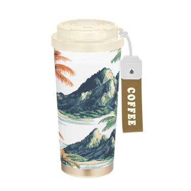 Imagem de SEHANY Caneca de viagem com palmeira de verão, 482 g, copos de café reutilizáveis revestidos de cerâmica com tampa à prova de vazamento, parede dupla, isolamento a vácuo, copo de café de aço