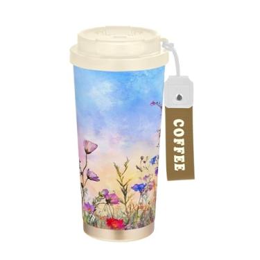 Imagem de SEHANY Caneca de viagem colorida de ervas silvestres de 500 ml Copos de café reutilizáveis revestidos de cerâmica com tampa à prova de vazamento, parede dupla, isolamento a vácuo, copo de café de aço