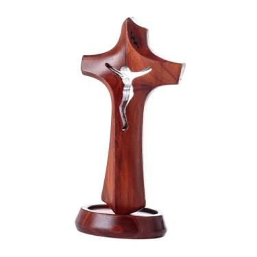 Imagem de Baoblaze Estátua de Cruz de Mesa Ornamento Portátil com Base, Estatueta de Crucifixo de Madeira para Centro de Mesa, Escritório ou Presente, L