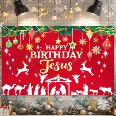 Imagem de HOMETITUTE Faixa de Feliz Aniversário Jesus 188 x 109 cm Cenário de Presépio com Anjos e Cena de Manjedoura para Decoração de Festa de Natal Religiosa Interior Exterior Festa de Natal Feriado Fundo de