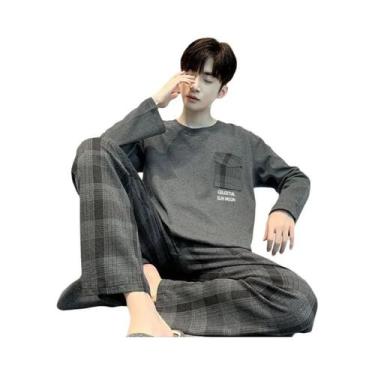 Imagem de Conjunto De Pijama Masculino Xadrez De Manga Comprida Com Botões E Cal