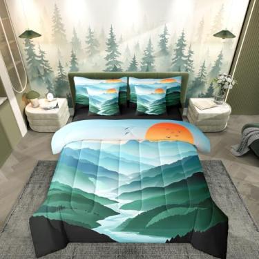 Imagem de Erosebridal Jogo de cama solteiro com estampa de montanha, floresta, azul-petróleo, 7 peças, aquarela, árvore enevoada, para crianças, meninos, mulheres, vermelho, sol, floresta, paisagem, edredom
