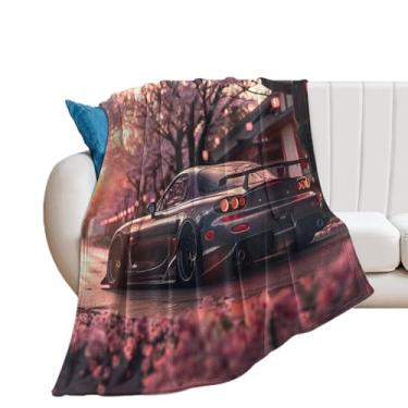 Imagem de HouLaiZhe Cobertor super macio de flanela JDM modificado carro rx7 flores de cerejeira pôr do sol cobertores leves refrescantes para sofá-cama cadeira sofá carro viagem ao ar livre leve quente 127 x