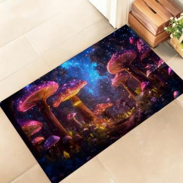 Imagem de amepay Tapete de porta interior com floresta de cogumelos brilhantes mágicos – Capacho elegante de tecido não tecido de 43 x 75 cm com design de fantasia encantador, para varanda, quarto, sala de