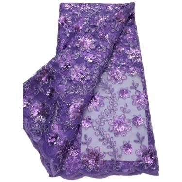 Imagem de Gdsshuhung Tecido de renda africana 5 metros, bordado de lantejoulas 3D em tule com crochê, tecido elegante com glitter para vestidos de noiva, vestidos de festa e projetos de costura de trajes