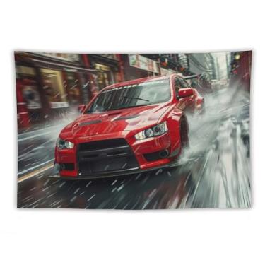 Imagem de HouLaiZhe Tapeçaria de carro Lancer Jdm carro esportes dia chuvoso pendurar na parede quarto decoração de casa tapeçarias estética piquenique decoração de parede arte de parede para dormitório sala de