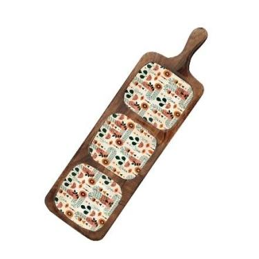 Imagem de Bandeja e travessa de madeira de manga Sova com alças, bandeja de 3 seções, design rústico