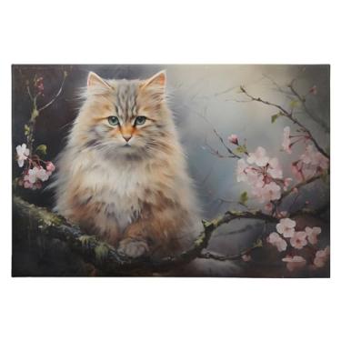 Imagem de CEBUGI Tapete de área 60 x 90 cm macio lavável tapete antiderrapante com suporte de borracha gato no ramo de flores tapetes de área para sala de estar, quarto, decoração de casa