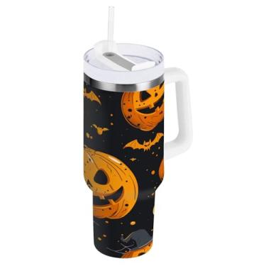 Imagem de STAYTOP Copo de abóbora e caveira de 1,134 g com tampa e canudo, copo isolado de aço inoxidável durável à prova de vazamento com alça, garrafas de água à prova de derramamento para viagens