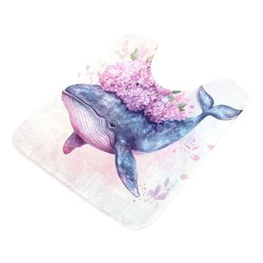 Imagem de Burbuja Tapete de banheiro com flores de hortênsia de baleia em aquarela, tapete de banho absorvente de pelúcia macio, base antiderrapante para piso de banheiro, oval em forma de U