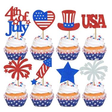 Imagem de 32 peças de enfeite de cupcake de 4 de julho Patriótico Quatro de Julho Decorações de Cupcake Glitter Azul e Vermelho 4 de Julho Toppers de Cupcake para Meninos Meninas Dia da Independência Artigos de