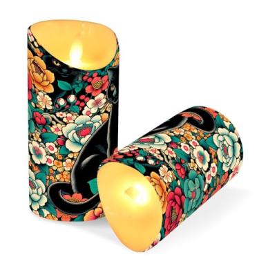 Imagem de Blueangle Pacote com 2 velas sem chama de gato preto com controle remoto e temporizador, velas LED cintilantes (7,6 cm x 9,9 cm) para decoração de casa, casamento, acampamento (503)