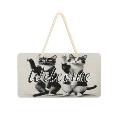 Imagem de Burbuja Placa de boas-vindas de gatos pretos e brancos para porta da frente, placa de boas-vindas de PVC para decoração de férias, 15 x 28 cm
