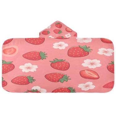 Imagem de Burbuja Toalha de banho com capuz Fresh Strawberries para crianças, toalha de praia de pelúcia macia absorvente para meninas e meninos 3-10 anos, 61 x 127 cm