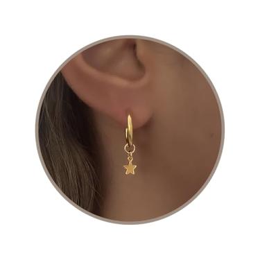 Imagem de Annika Bella Brincos de argola Huggie, delicados Huggies com pingente pendurado, argolas pequenas com pingentes, brincos hipoalergênicos de ouro ou prata sem manchas para mulheres, presente para ela