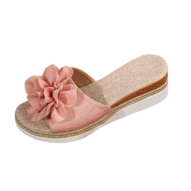 Imagem de Sandálias de praia estilo verão cor sólida uma linha flor desgaste exterior salto cunha chinelos de fundo grosso, rosa, 36