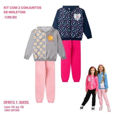 Imagem de kit 2 Conjunto Moletom Juvenil Feminino Blusa e Calça Flanelado Agasalho menina capuz ziper 10-16-Feminino