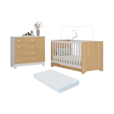 Imagem de Berço Americano 3 em 1 com Colchão Incluso e Cômoda 1 Porta 4 Gavetas Allegra Multimóveis Mp4696 Branco/madeirado
