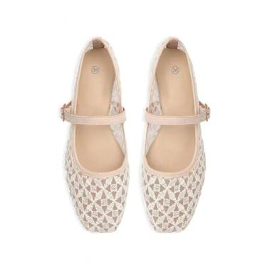 Imagem de Sapato feminino bege claro textura laço bico quadrado sapatos rasos doce fresco mocassins sem cadarço para o verão uso diário e datas couro PU macio respirável conforto, Damasco, 36