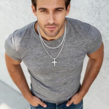 Imagem de Colar com pingente de cruz de aço preto e prata dourado, joia simples, presente de cruz para homens, 24 inches, Aço inoxidável, Sem Pedra Preciosa