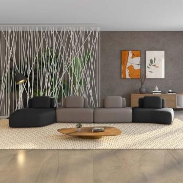 Imagem de Sofá Ilha Sala de Estar Dakota 4 Módulos 626cm Encostos Almofadas Soltas Veludo Preto/Castor G33 - Gran Belo