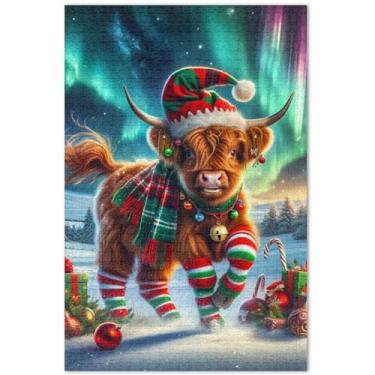 Imagem de Quebra-cabeças Highland Cow Christmas Aurora 500 peças para elefante branco adulto personalizado quebra-cabeça rígido arte pintura de paisagem, 51 x 35 centímetros