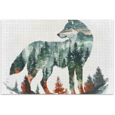Imagem de Quebra-cabeça de lobo de arte em aquarela 500 peças para adultos divertidos presentes para homens tolos paisagem floral exclusiva, 51 x 35 centímetros