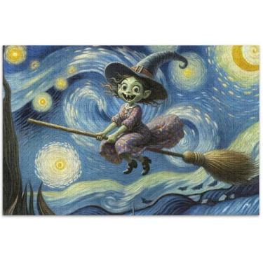 Imagem de Bruxa Noite Estrelada Engraçado 1000 Peças Quebra-cabeça para Adultos Engraçado Divertido Brinquedo Adulto Arte Animal Estampa, 75 x 40 cm