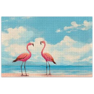 Imagem de Quebra-cabeça de praia flamingos rosa aquarela 1000 peças para adultos, brinquedo de arte, quebra-cabeças duros para adultos, presentes de elefantes brancos