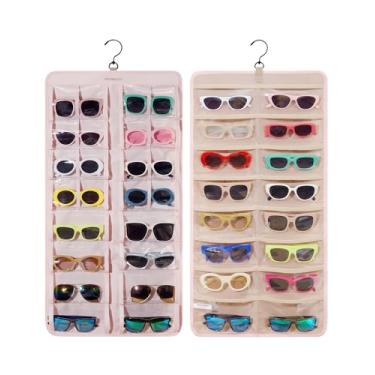 Imagem de BAGSMART Organizador de joias suspenso, estojo de armazenamento de óculos de sol à prova de poeira montado na parede, estojo de óculos de viagem de dupla face vários pares, suporte para óculos com 32 compartimentos transparentes e gancho de metal, rosa