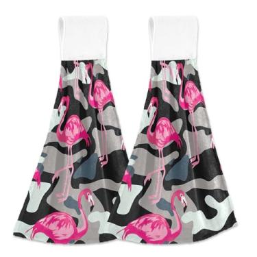 Imagem de Toalhas de mão de outono irregulares pretas de flamingos rosa com laço de pendurar absorvente macio forno toalha de dedo conjunto de 2, toalha fofa personalizada decoração de cozinha 18,2 x 14
