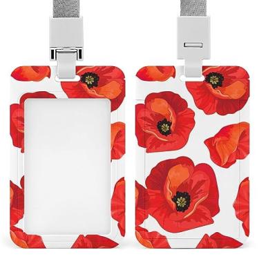 Imagem de Porta-crachá de identificação branco de papoulas vermelhas sem costura floral de verão com cordão, suporte de cartão de plástico com clipe removível para estudante, professor, enfermeira, escritório