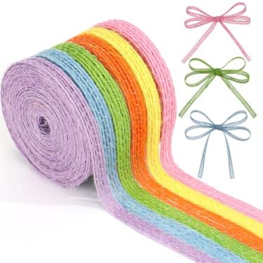 Imagem de Yuefunny 6 rolos de fita com fio rústica de serapilheira colorida com fio total de 30 jardas para guirlanda de Natal Halloween outono arco artesanato embrulho de presente decoração boho (cor de Páscoa