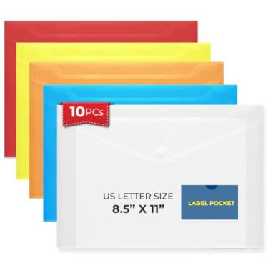 Imagem de Envelopes de plástico tamanho A4 10 peças com bolso para etiqueta e fecho de pressão - FLEXOFFICE - cores sortidas, pasta de arquivos de documentos com bolso para organização de escritório e trabalho