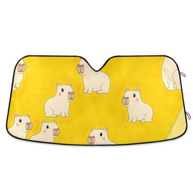 Imagem de Capivaras fofas de desenho animado amarelo para para-brisa de carro capa de para-brisa automotiva dobrável engraçada protetor solar floral retrátil S, 134,6 cm x 59,7 cm