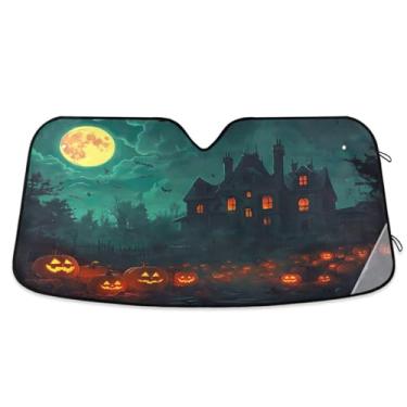 Imagem de Abóboras Casa Assombrada Viseiras de sol de carro escuras para para-brisa Persianas de janela dianteira de carro mantêm o veículo fresco médio