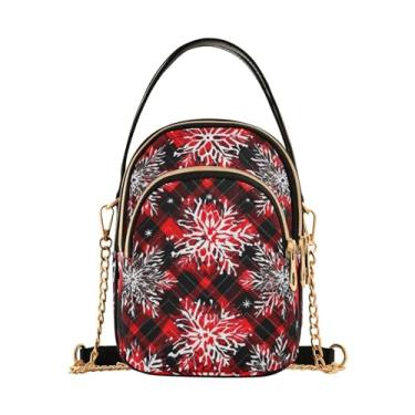 Imagem de Bolsa tiracolo feminina de folha tropical azul e verde, pequena tiracolo com corrente dourada, bolsas de ombro transversais, Flocos de neve de inverno xadrez vermelho - 2, One Size