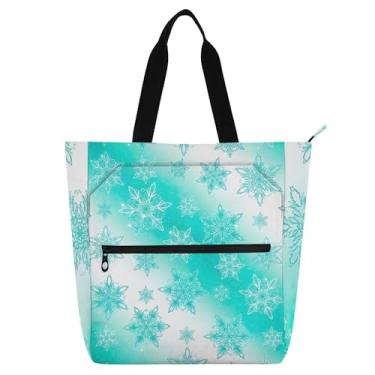 Imagem de Bolsa feminina turquesa branca com flocos de neve para trabalho, lona, praia, escola, carteiro, livros, presentes