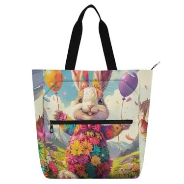 Imagem de GAIGEO Bolsa feminina colorida com coelhinho da Páscoa, bolsa de tecido de lona para trabalho, faculdade, escola, utilitária, escritório, bolsa com compartimentos