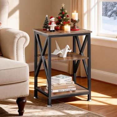 Imagem de Mesa de canto de 3 andares, mesa de canto de sofá, mesas laterais pequenas, sala de estar, mesa lateral rústica com moldura de aço, mesa lateral para cama/mesa de cabeceira e quarto, mesas laterais para espaços pequenos, móveis de sala de estar