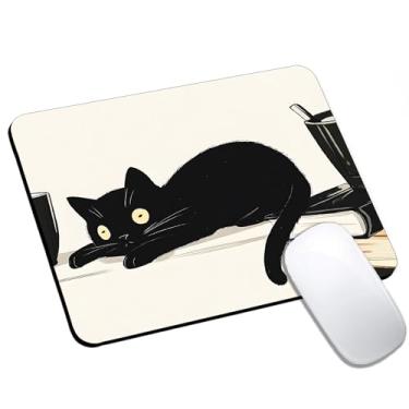 Imagem de Mouse pad engraçado de gato preto pequeno, mouse pad de computador para mesa, base de borracha antiderrapante para laptop, design quadrado de 24 x 20 cm para acessórios de mesa de casa e escritório