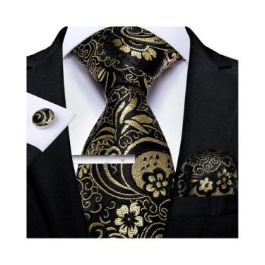 Imagem de Gravata Masculina Social Listrada Lisa De 8cm Com Abotoaduras E Lenço 