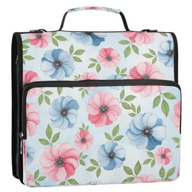 Imagem de Bolsa para fichário com 3 anéis de flores em aquarela e folhas azuis rosa com alça, organizador de fichário com zíper para escola e escritório, pasta grande para portfólio comporta 500 folhas
