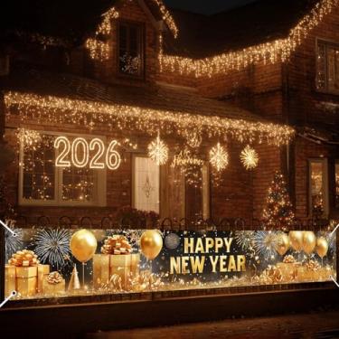 Imagem de HOMETITUTE Banner de Feliz Ano Novo 38 x 50 cm Balão Dourado Pano de Fundo de Fogos de Artifício Exterior Decorações de Festa de Ano Novo para Parede Quintal Varanda Cerca Celebração Banner Pendurado
