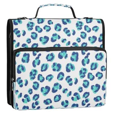 Imagem de Bolsa organizadora de fichário com zíper branco e manchas de leopardo azul e verde, com alça de ombro, 3 anéis de 3,8 cm, pasta de portfólio de anéis D, comporta 500 folhas para escola, escritório