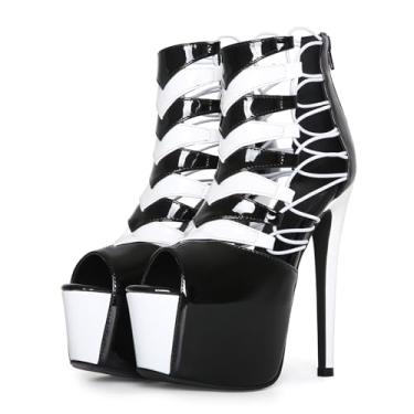 Imagem de Frankie Hsu Sandálias de salto alto plataforma agulha de luxo feitas à mão, preto envernizado branco com tiras tamanho grande EUA 5-19 unissex para mulheres e homens, Preto, 43
