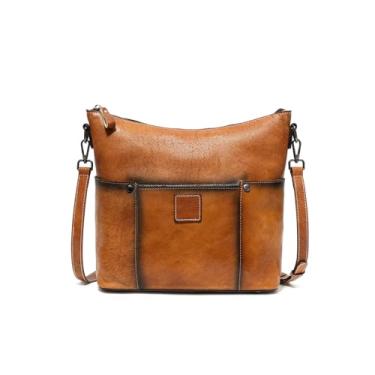 Imagem de FAIME Bolsa tiracolo de couro para mulheres - Bolsa de couro verdadeiro com vários bolsos bolsa feminina de tamanho médio para trabalho e uso diário, Marrom, Bolsa tiracolo feminina de couro vintage