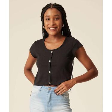 Imagem de Blusa Cropped Feminina Canelada Botões Marisa-84375, PP, Preto